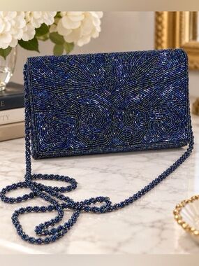 Blue Iridescent Beaded Evening Clutch Purse Handbag Beaded Strap Magnetic Closur